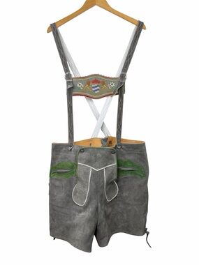 Vintage Lederhosen Shorts Men's 42 Gray Suede Leather Suspenders Oktoberfest